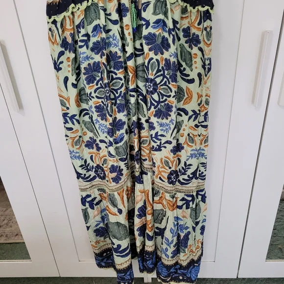 Anthropologie Farm Rio Ocean Tapestry Maxi Smocked Green Blue Lace Midi Dress - Picture 7 of 11